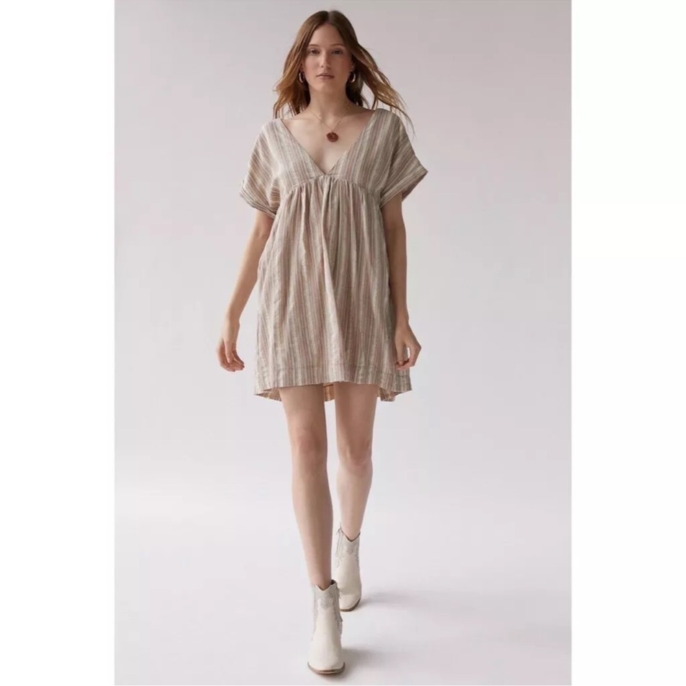 Urban Outfitters Serendipity Neutral Linen Striped Babydoll Mini Dress XS